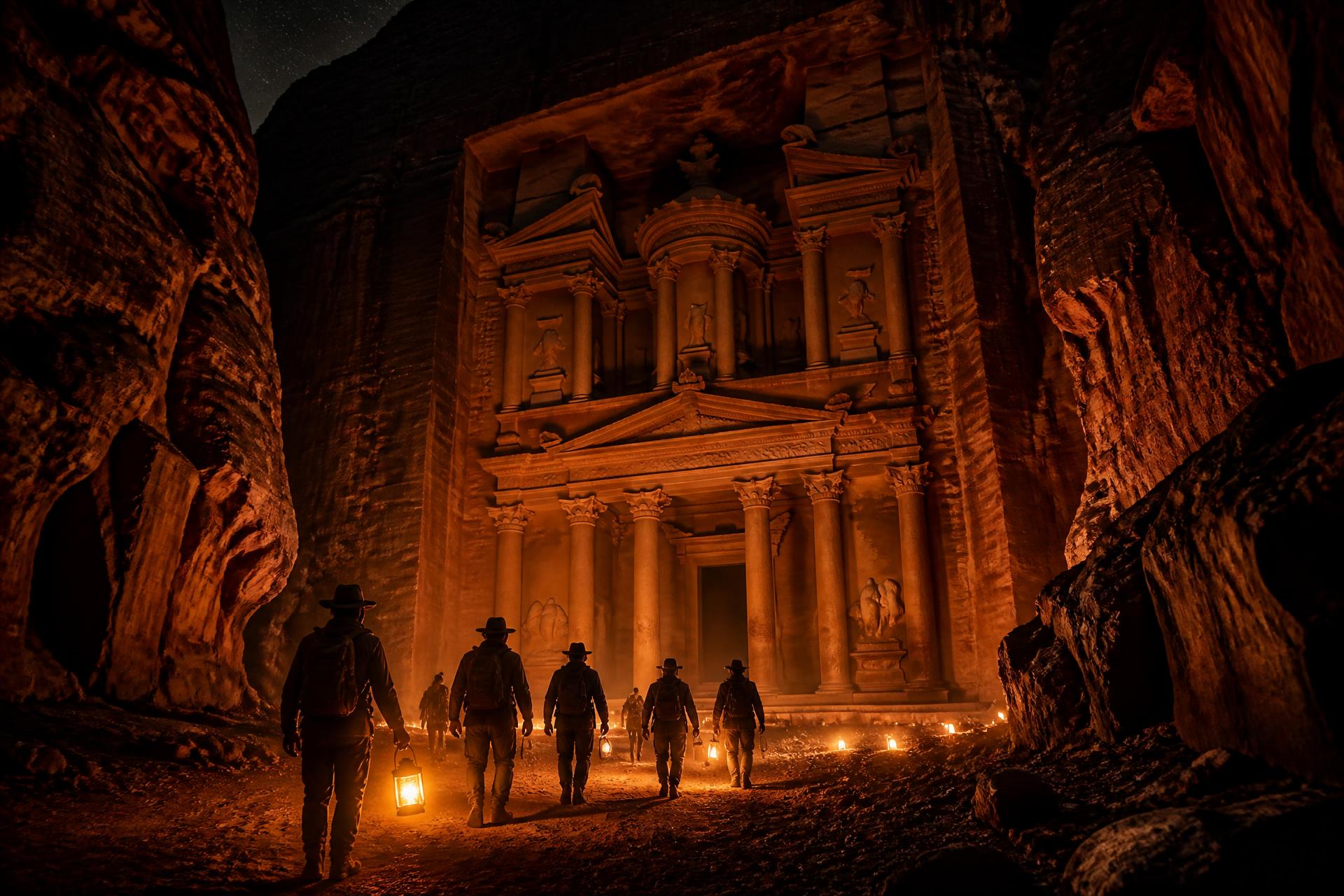 Adventurers approach the Treasury at Petra by lantern light